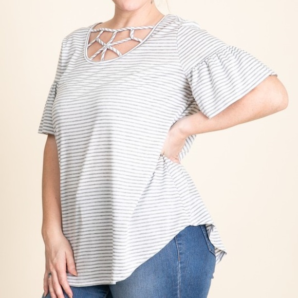 Reborn J Tops - Heather Grey Striped Criss Cross Top